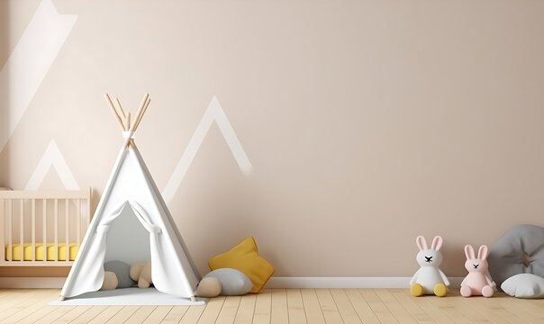 Mockup wall in the children's room on wall cream color background, Generative AI