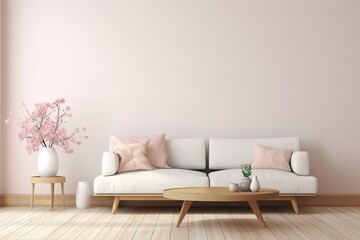 Fototapeta na wymiar Modern sofa on light pink wall background with trendy home accessories, home decor interior, luxury living room,Generative AI