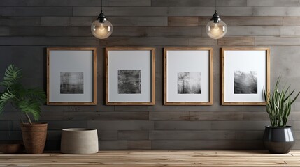 posters on grey wall above wooden, generative ai
