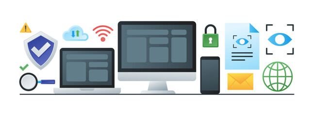 Technology illustration concept. Internet security vector. Computer, cloud, phone, lock, shield, scan, document icon.