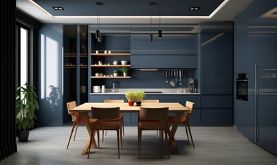 Modern dark blue kitchen and minimalist interior design, Generative AI