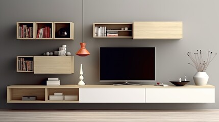 simple minimal cabinet tv interior wall, generative ai