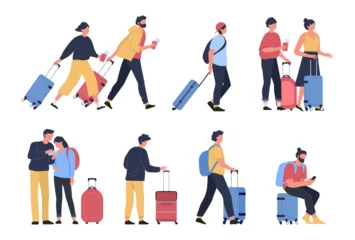 Deurstickers Travelers at airport. Business tourists, people waiting at airports terminal with luggage, characters walking and hasting to boarding © WinWin