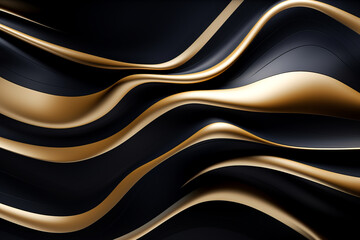 Incredible fantasy black and gold background. The texture of stucco, a wall with curves and inversions of black plastic, and mirror surfaces. AI generation