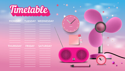 Timetable in Barbie style. Weekly planner, back to school template. Kids schedule design template