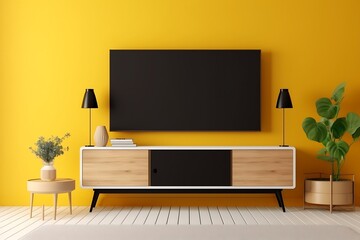 TV on cabinet in modern living room on yellow illuminating wall, Generative AI