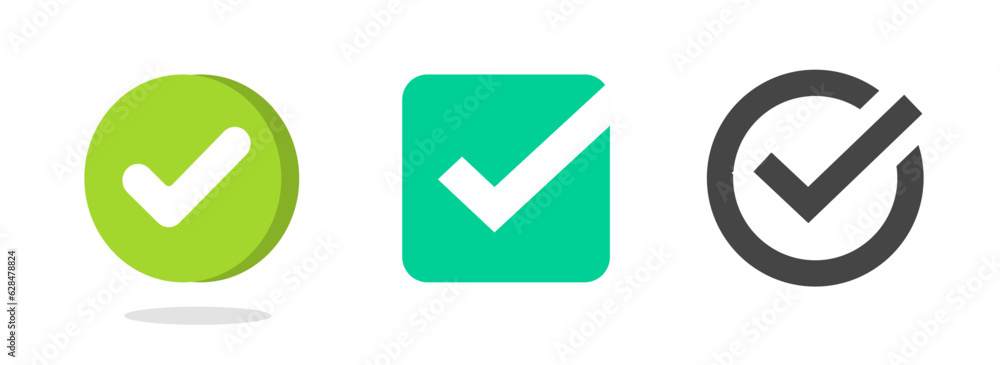 Poster check mark tick green logo 3d vector pictogram image clipart, checkmark checkbox simple line outline