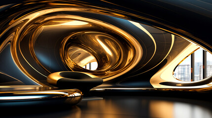 Incredible fantasy black and gold interior. In dark colors. In the style of flight of fancy and the future. Round and soft curves and zarots, lines, and gold. AI generation