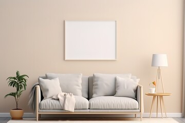 Retro, wooden cabinet and a painting in an empty living room interior with white walls and copy space place for a sofa. Real photo, Generative AI