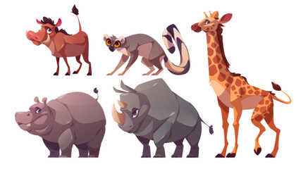 Set of African wild animals isolated on white background. Vector cartoon illustration of giraffe, hippo, rhino, lemur, warthog characters standing or walking. Cute zoo or safari park inhabitants