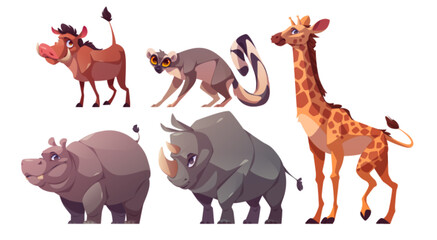 Set of African wild animals isolated on white background. Vector cartoon illustration of giraffe, hippo, rhino, lemur, warthog characters standing or walking. Cute zoo or safari park inhabitants © klyaksun