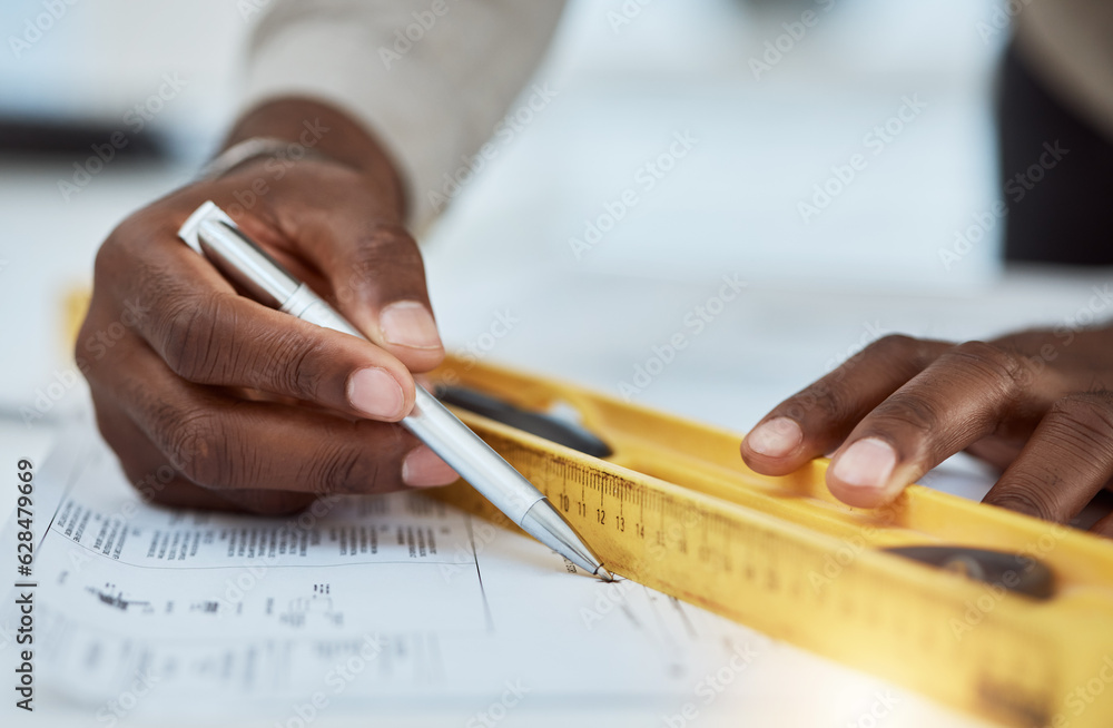 Poster Hands, architecture blueprint and ruler with pen for drawing process, engineering project and building development. Closeup, designer and stationery for scale lines, sketch and floor plan of property