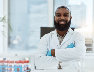 Medical science, portrait and a man in a laboratory for research, study and career pride. Happy...