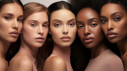 Obraz premium Closeup of a diverse group of women together. Skin care concept image. Generative AI.