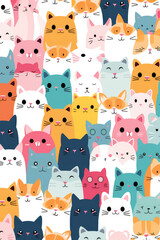 Pattern of many cute colorful cats. Vertical diary cover template a4. Lots of funny pretty cats, flat style illustration.