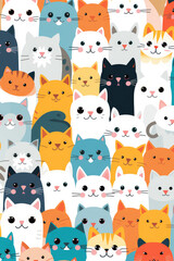 Pattern of many cute colorful cats. Vertical diary cover template a4. Lots of funny pretty cats, flat style illustration.