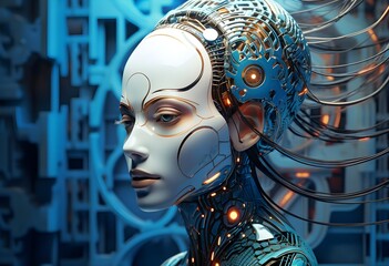 Futuristic image with a human woman's head, in the style of robotic motifs, luminous 3d objects created with Generative AI technology