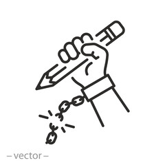 icon of against children working, hand holding a pencil, breaking chain, stop child exploitation and start education, thin line symbol - editable stroke vector illustration