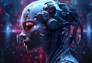 Futuristic image with a human woman's head, in the style of robotic motifs, luminous 3d objects created with Generative AI technology
