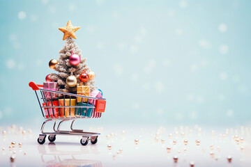 Shopping cart with decorated christmas tree, market trolley. Christmas tree with decorations in a supermarket cart. Christmas shopping, sale, advertisement, creative Xmas or New Year concept.