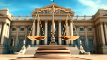 Fairness scale in front of court building made with Ai generative technology