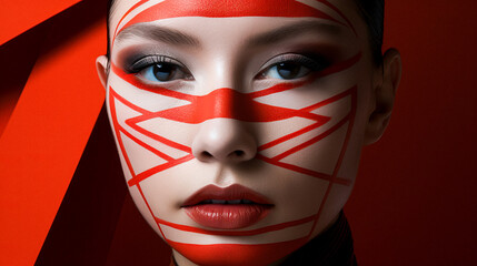 Portrait of a girl with bright colored graphic fashion makeup. AI generation
