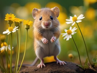 A cute red-haired little mouse stands on its hind legs among the flowers and looks forward. Generated by AI.