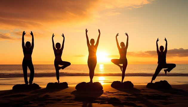 A group of young women doing yoga on the seashore against the sunset. Generated by AI.