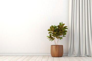Plant against a white wall mockup. White wall mockup with brown curtain, plant and wood floor. 3D illustration,Generative AI