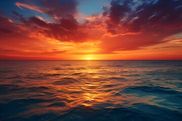 Naklejka na ściany i meble Fiery sunset over the ocean, setting the sky ablaze with hues of gold and orange.