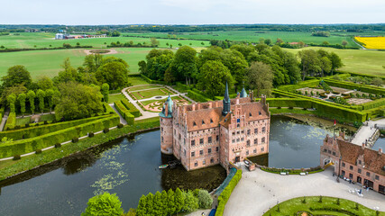 Aerial view, Egeskov Castle with park, Renaissance Garden, Kværndrup, Region Syddanmark, Denmark
