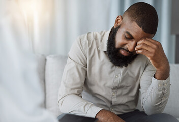 Sad black man, therapist and counselling for psychology, mental health crisis and therapy for...