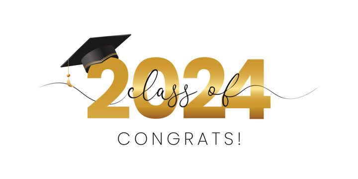 Class of 2024, modern word lettering script banner. Congrats Graduation lettering with academic cap. Template for design party high school or college, graduate invitations.