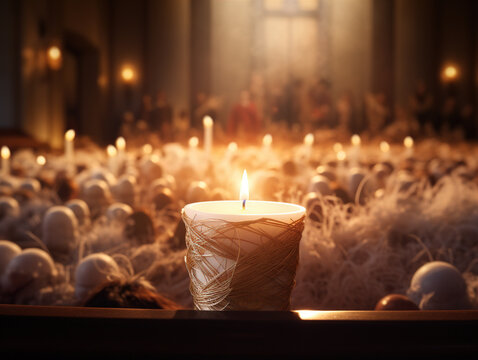 Easter Vigil: An image of a candle-lit Easter Vigil service, symbolizing the victory of light over darkness and the celebration of Jesus' resurrection during the Feast