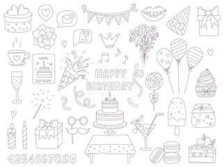A set of hand-drawn doodle elements for birthday, party, celebration. Outline decorative objects. Black and white vector illustrations isolated on a white background. Editable strokes.