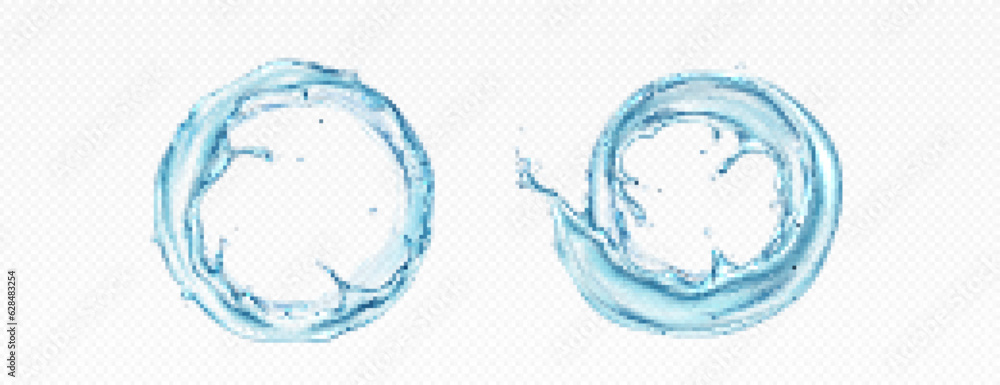 Poster water circle splash and round swirl realistic 3d vector frame. liquid aqua wave with drop and bubble