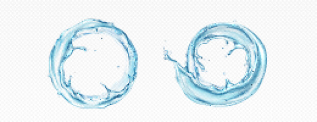Water circle splash and round swirl realistic 3d vector frame. Liquid aqua wave with drop and bubble in ring flow. Mineral clear blue stream graphic design with motion. Fresh sparkling whirl texture