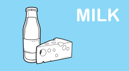Milk Bottle and Cheese Illustration. Vector editable linear black and white illustration
