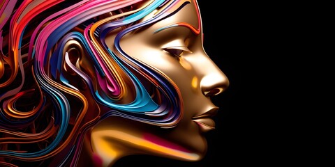 Colorful digital abstract image of a human head with rainbow colours, in the style of metallic sculpture created with Generative AI technology