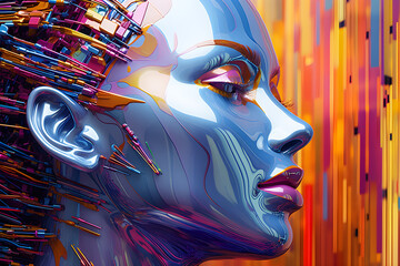 Colorful digital abstract image of a human head with rainbow colours, in the style of metallic sculpture created with Generative AI technology