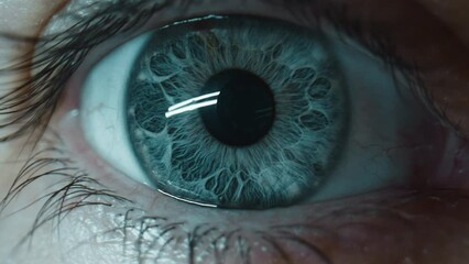 Extreme closeup on blue eye shows details and pattern of iris, changing pupil - Powered by Adobe