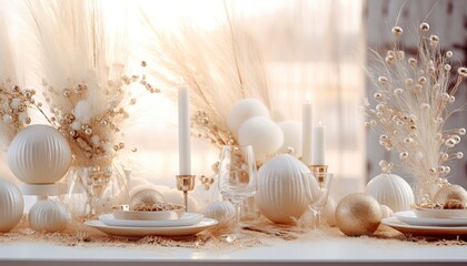 Gold christmas balls, white baubles with dry grass, festive table decoration of Xmas celebration, golden loving setting. Smooth light, some bokeh. Luxury romantic card for seasonal greetings.
