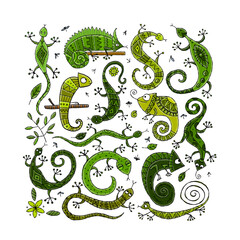 Lizard characters, jungle animal. Chameleon icons set for your design © Kudryashka