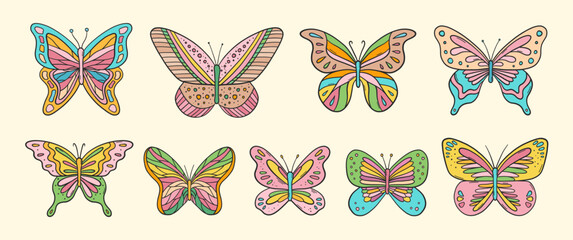 Groovy butterflies vector set. Hippie floral elements. 70s groovy hippie nature clipart. Retro groovy stickers. Psychedelic funky 60s 70s doodles. Set of retro cartoon flower stickers.