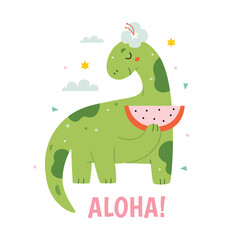 Cute dinosaur with a watermelon. Summer vibe, flat style.Aloha