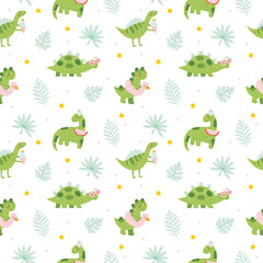 Summer pattern with dinosaurs. Summer vibe, flat style.