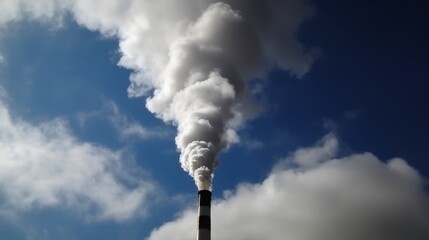 grey smoke from industrial chimney in a blue cloudy sky