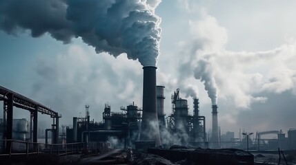 Fototapeta na wymiar industrial landscape with chimneys with thick smoke causing air pollution in a gray smoky sky