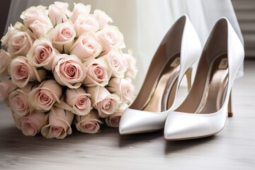 wedding bouquet, beautiful white shoes of the bride, on the background of a wedding dress