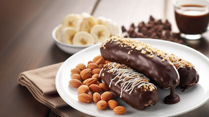 Bananas Dipped in Milk Chocolate and Chopped Almond Nuts on brown table
